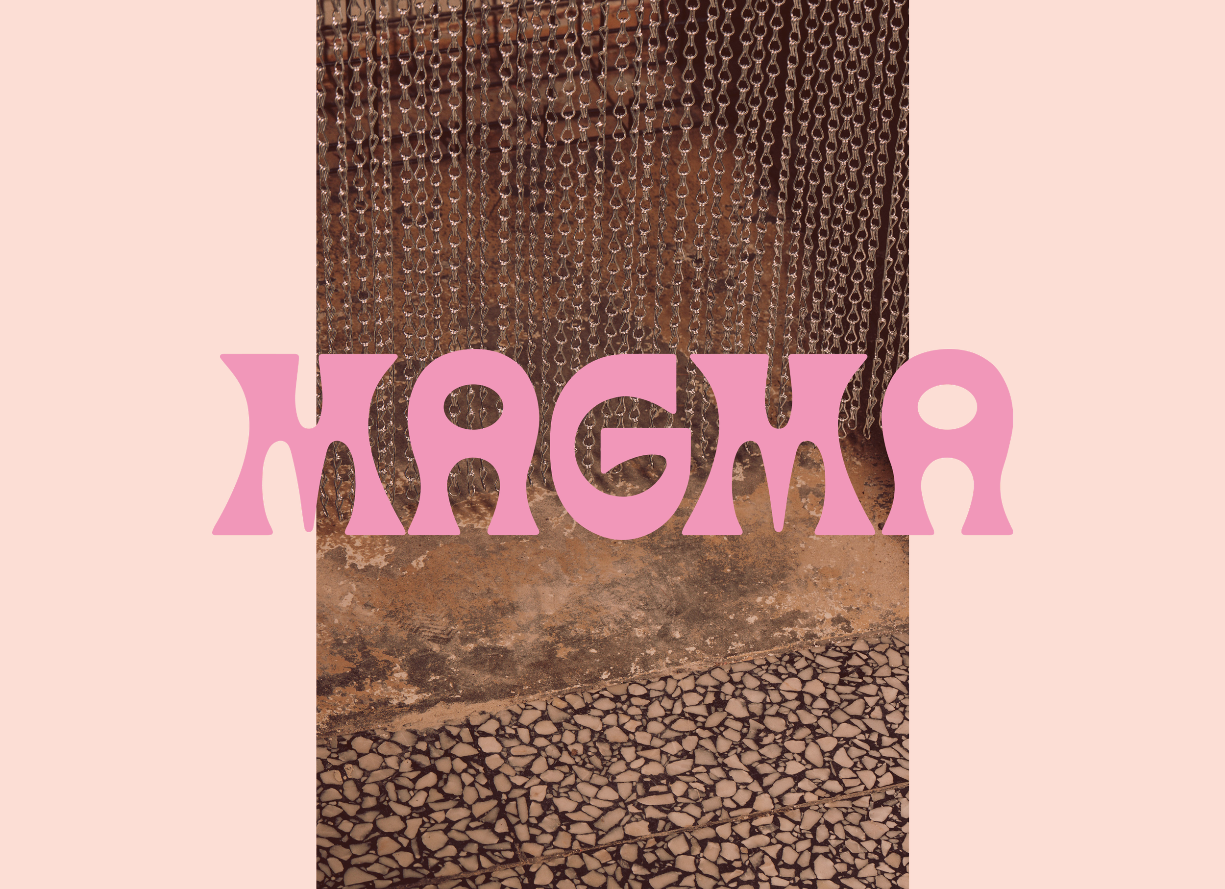 Close-up of hanging chains with pink text overlay that reads "Magma"