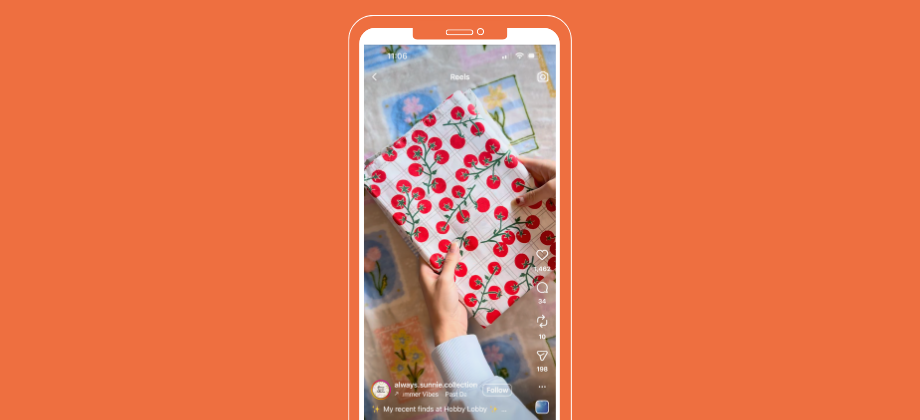 Instagram user @always.sunnie.collection holds fabric with a bright cherry print. The audio playing is a cheerful, upbeat instumental.