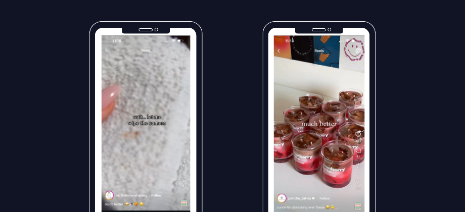 In the first image, the screen says "wait... let me wipe the camera" with a towel close to the camera. In the second image, the screen says "much better," revealing several glasses of presented drinks. The audio playing is "Sunny" by Boney M.