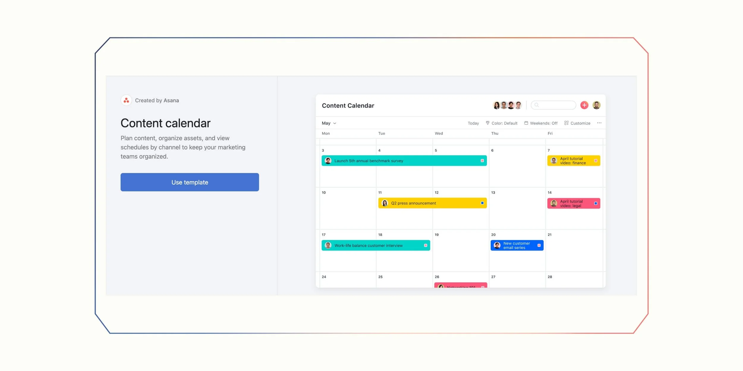 Content Calendar Asana: A screenshot of the Asana content calendar template on their website