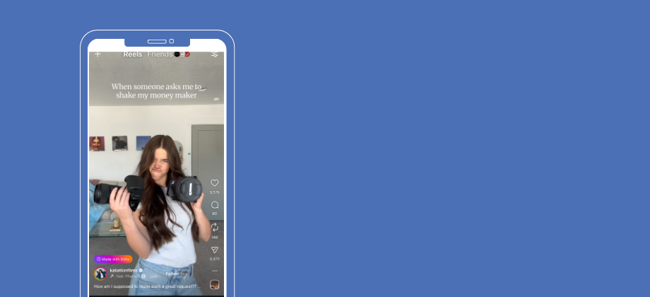 Image shows a girl holding cameras, with the text on the screen saying "when someone asks me to shake my money maker"