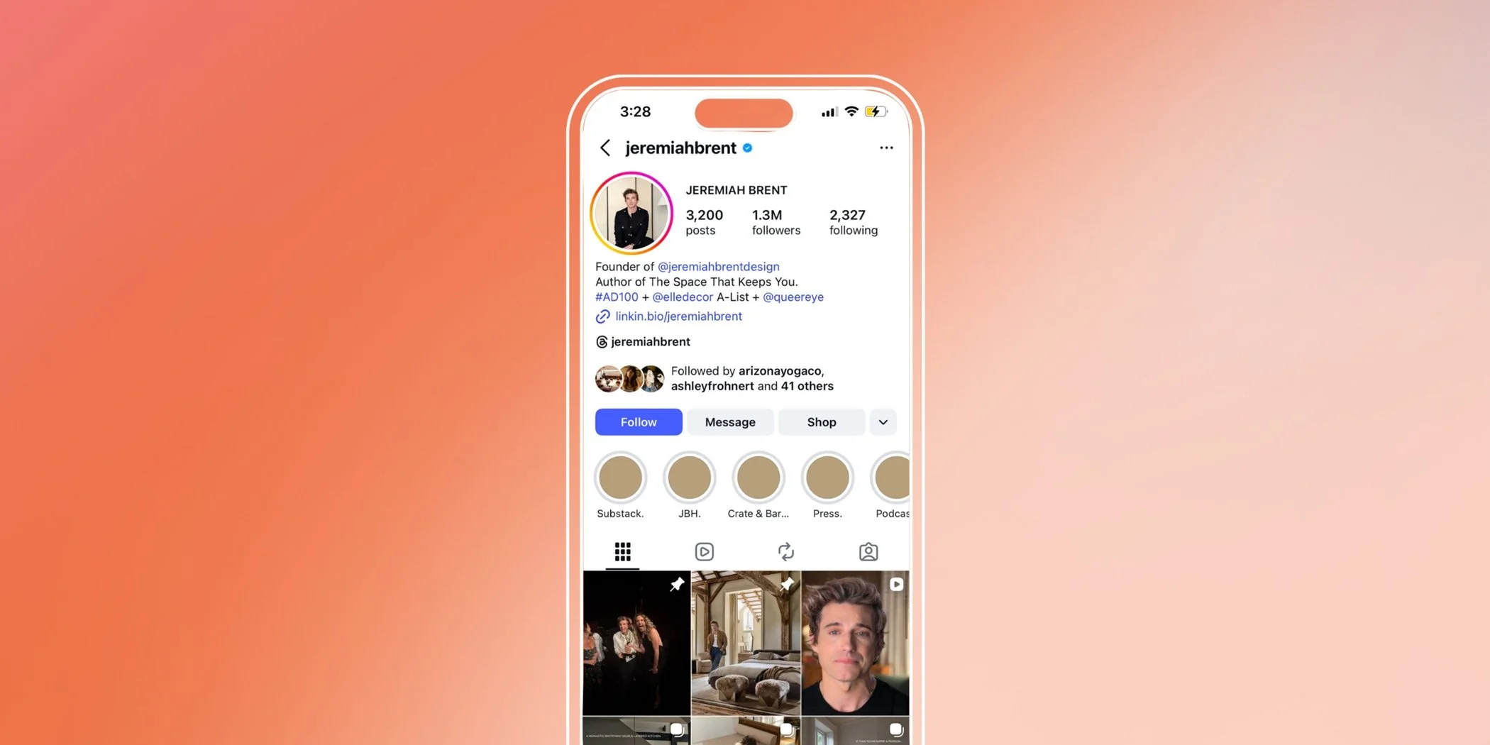Jeremiah Brent Instagram profile highlighting layered interiors and personal design storytelling