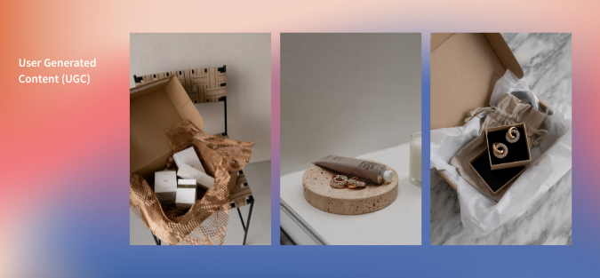 There are three images that show User Generated Content (UGC), a great low product photography cost production for those on a budget. The images show simple e-commerce set ups with natural lighting and few props.