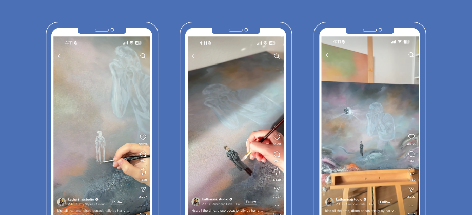 Image is of three phones showing progress of a painting