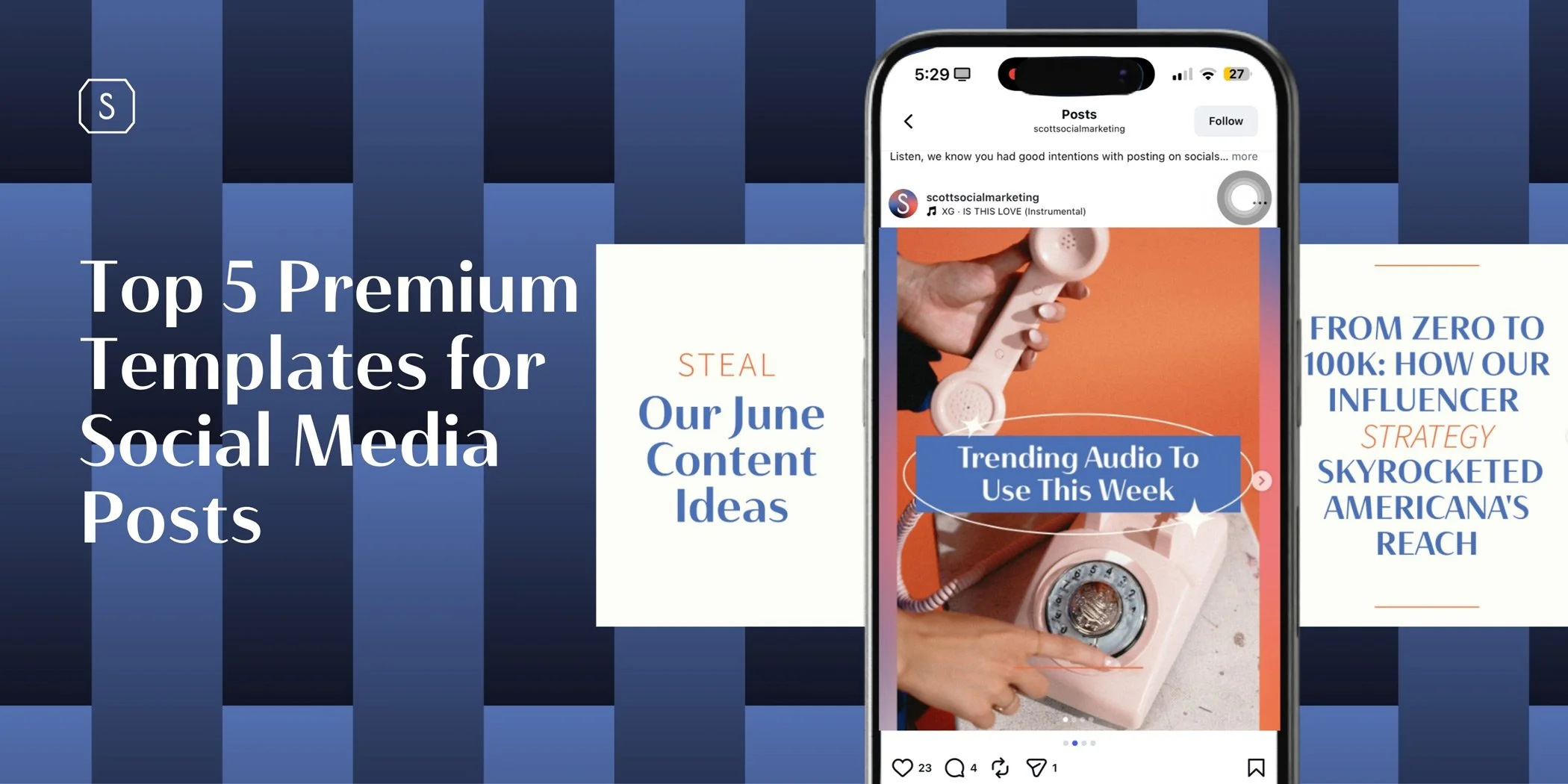 Premium templates for social media posts displayed on Instagram mockup with branded content examples