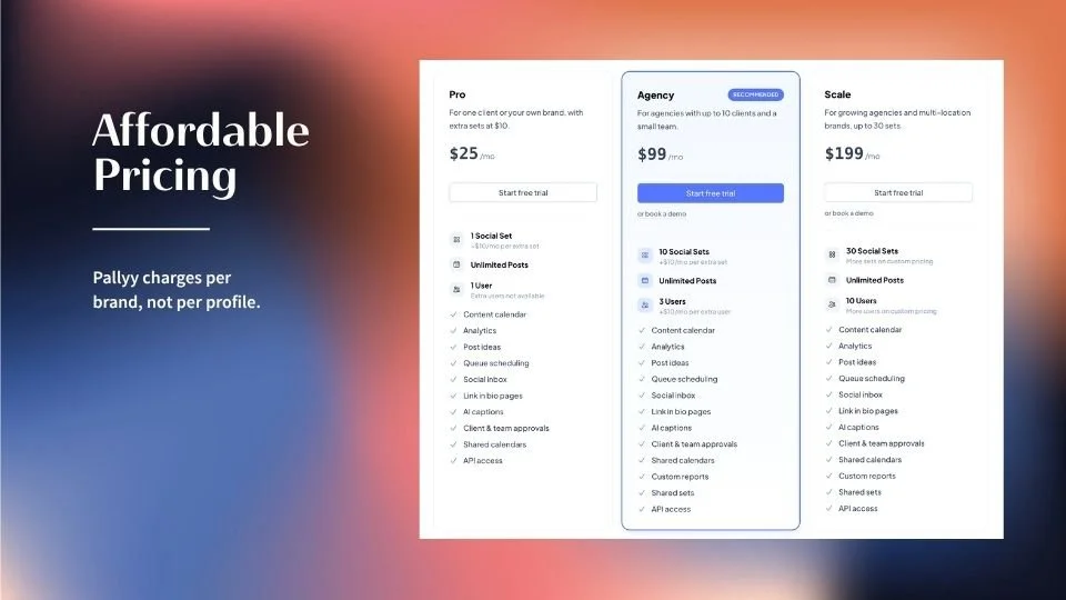 Affordable pricing. Pallyy charges per brand, not per profile.