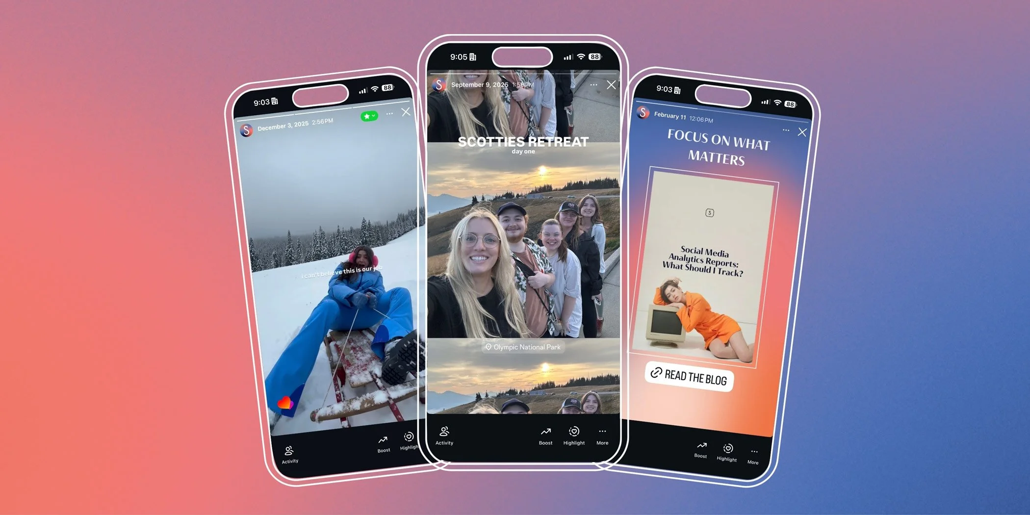 Examples of Instagram Stories featuring behind-the-scenes content, team updates, and blog promotion