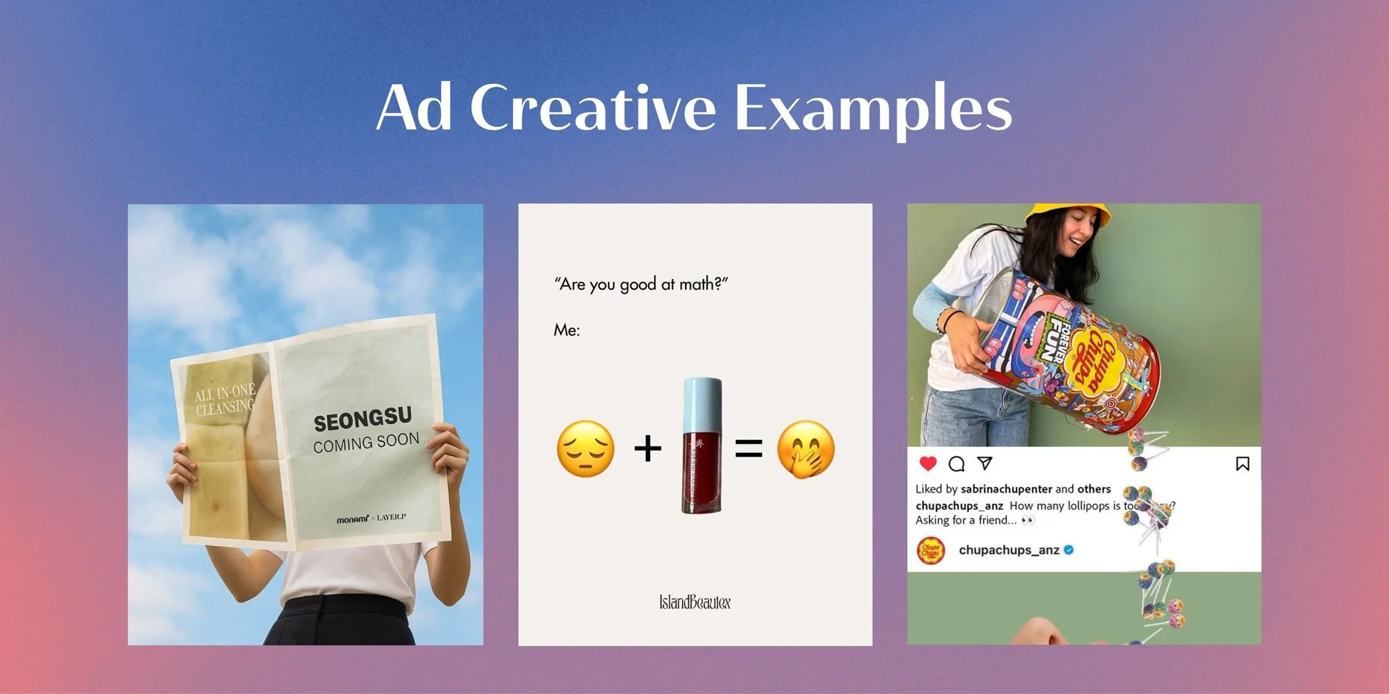 Examples of Instagram ad creatives including product marketing, lifestyle imagery, and social media ad formats