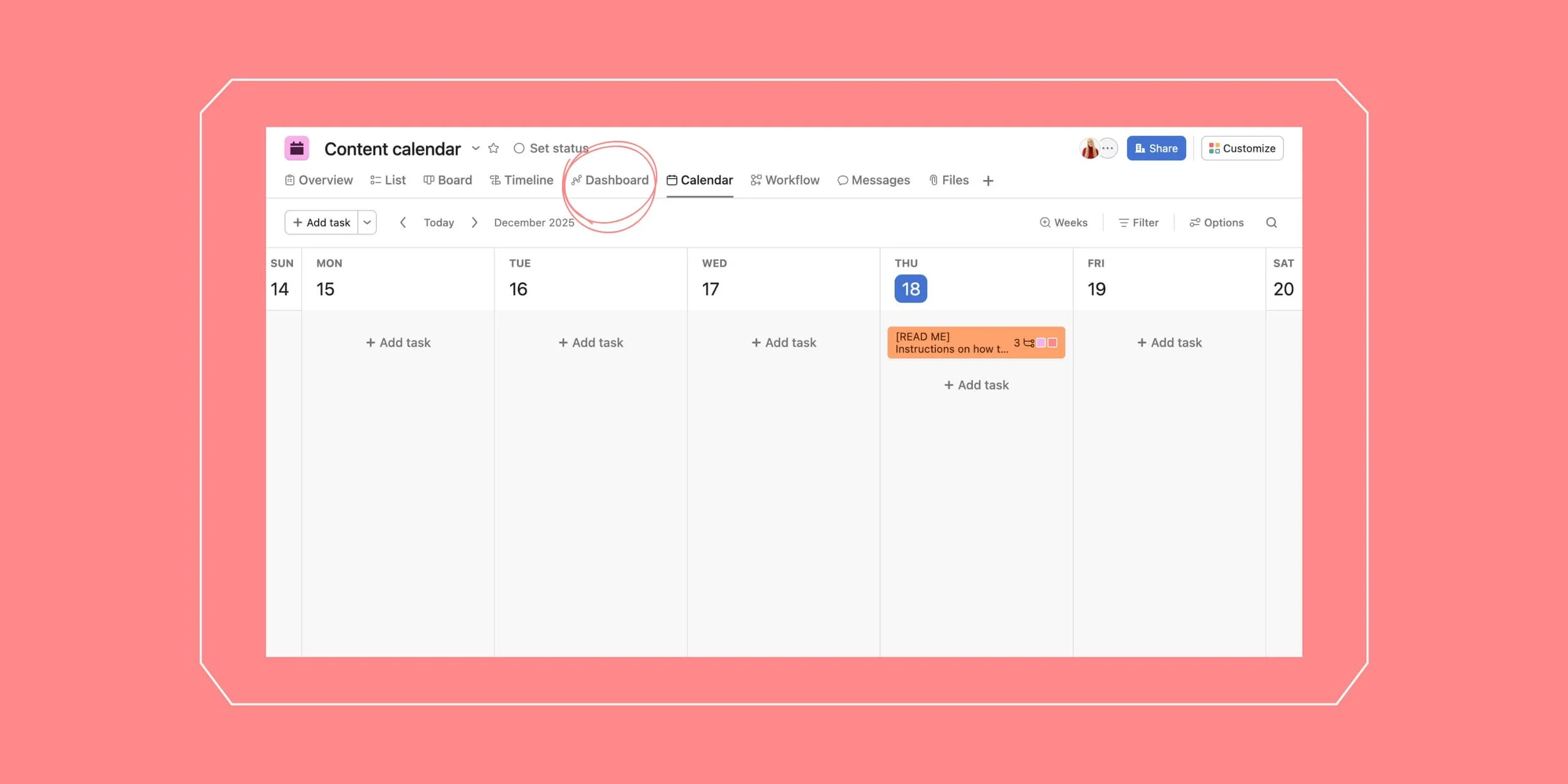 Content Calendar Asana: A screenshot showing the Asana calendar view