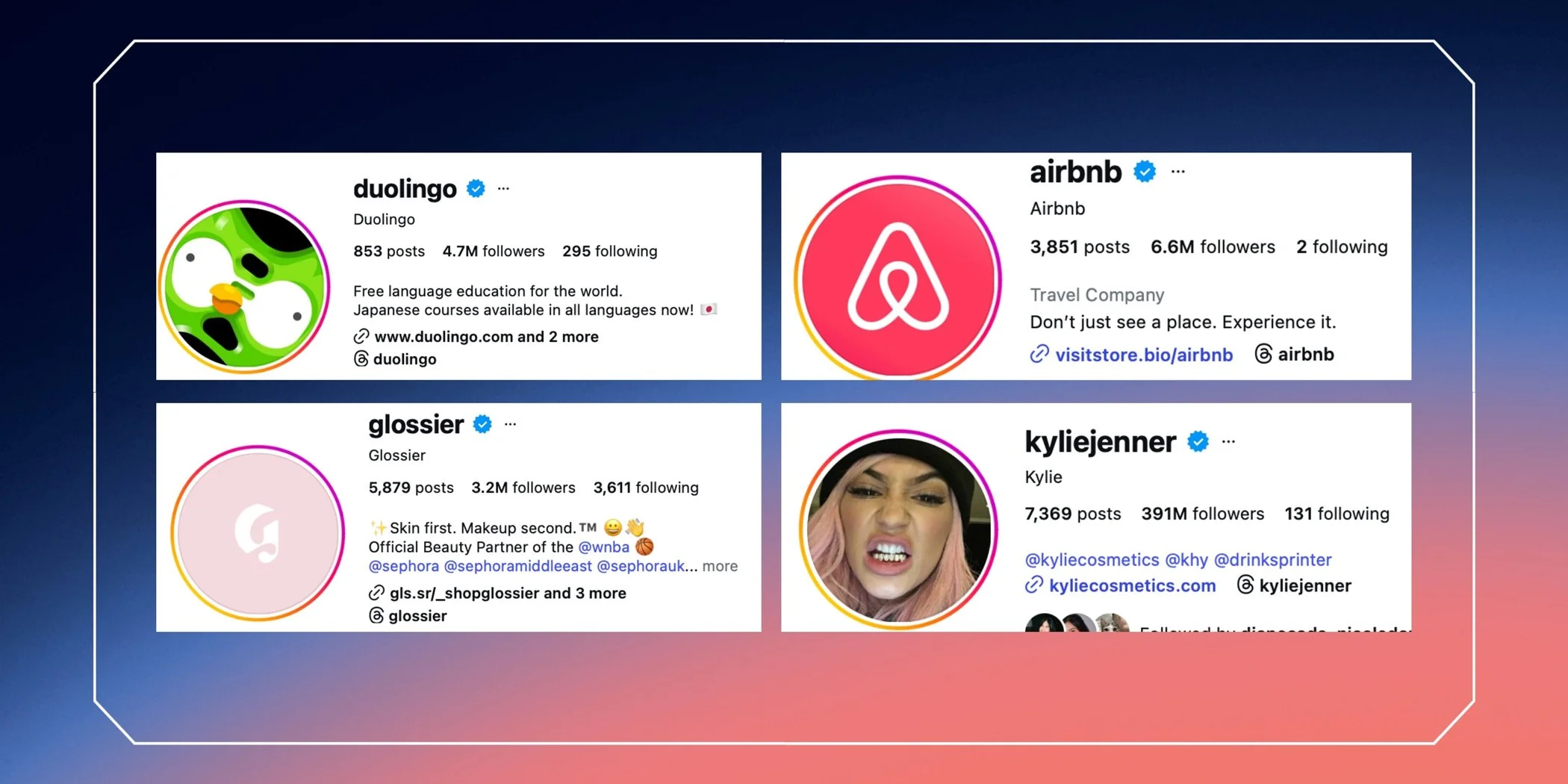 screenshots of four brand's Instagram profile bios including Duolingo, Glossier, Airbnb, and Kylie Jenner