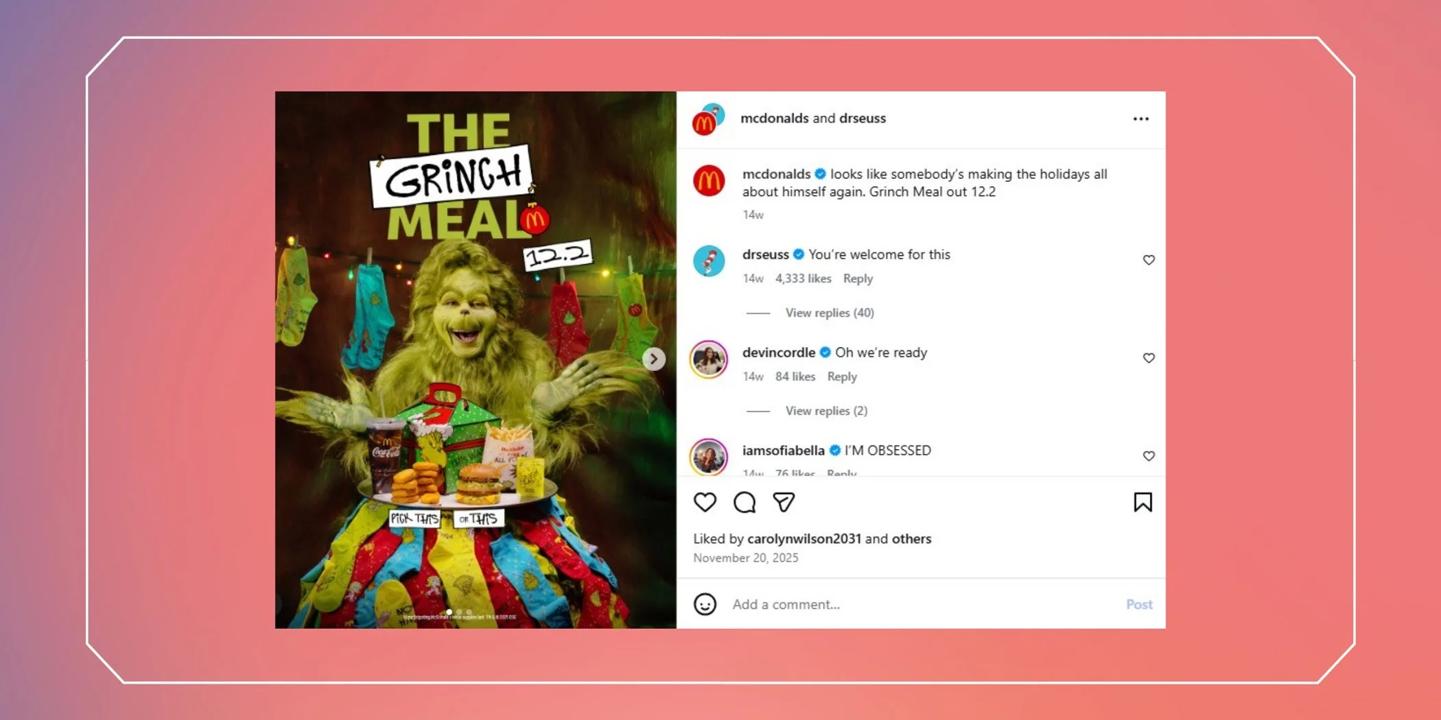 McDonald's The Grinch Meal social media campaign on Instagram showing the Grinch with a soda, chicken nuggets, cheese burger, and french fries sitting on top of a pile of colorful socks