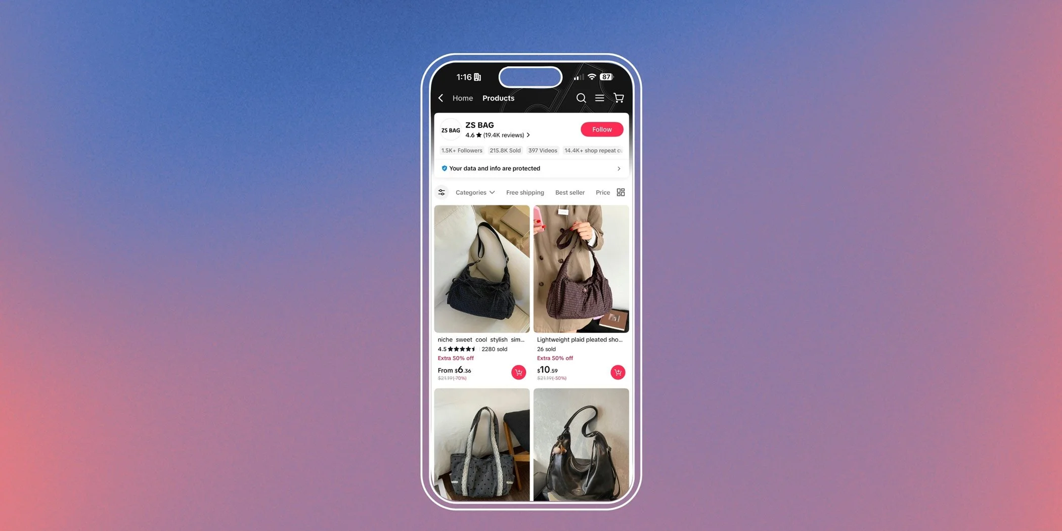 TikTok Shop storefront displaying products available for purchase