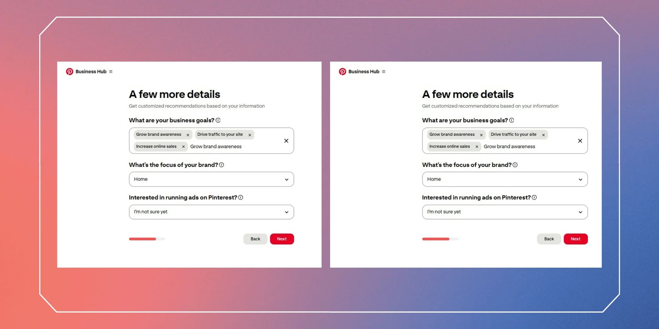Pinterest business account setup screen showing business goals and brand focus selections
