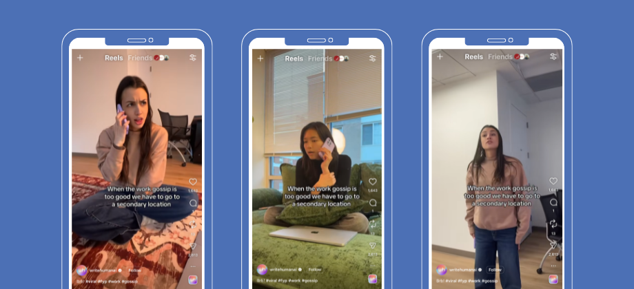 Image shows two coworkers acting out the trend, with the text on the screen reading "when the work gossip is too good and we have to go to a secondary location"