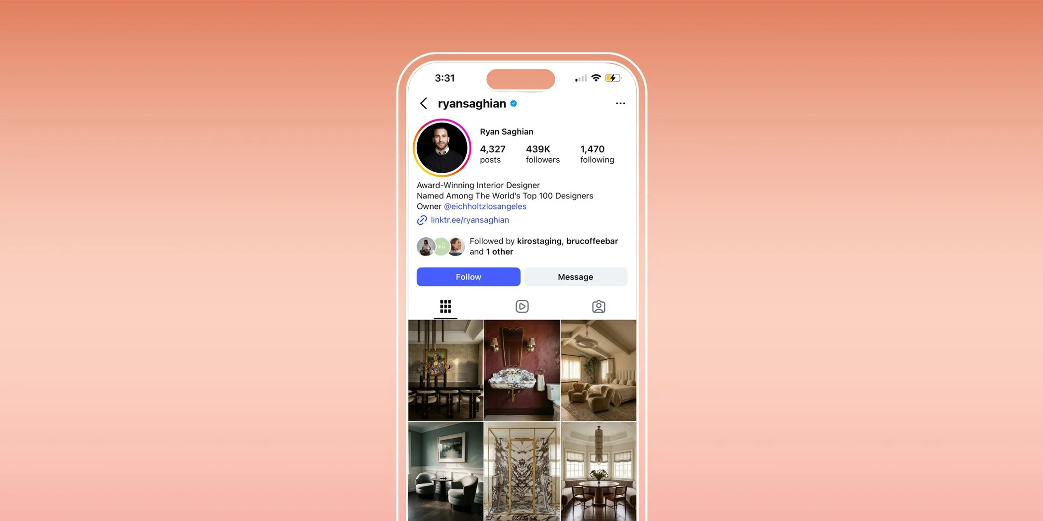 Ryan Saghian Instagram profile featuring bold glamorous interiors with modern edge