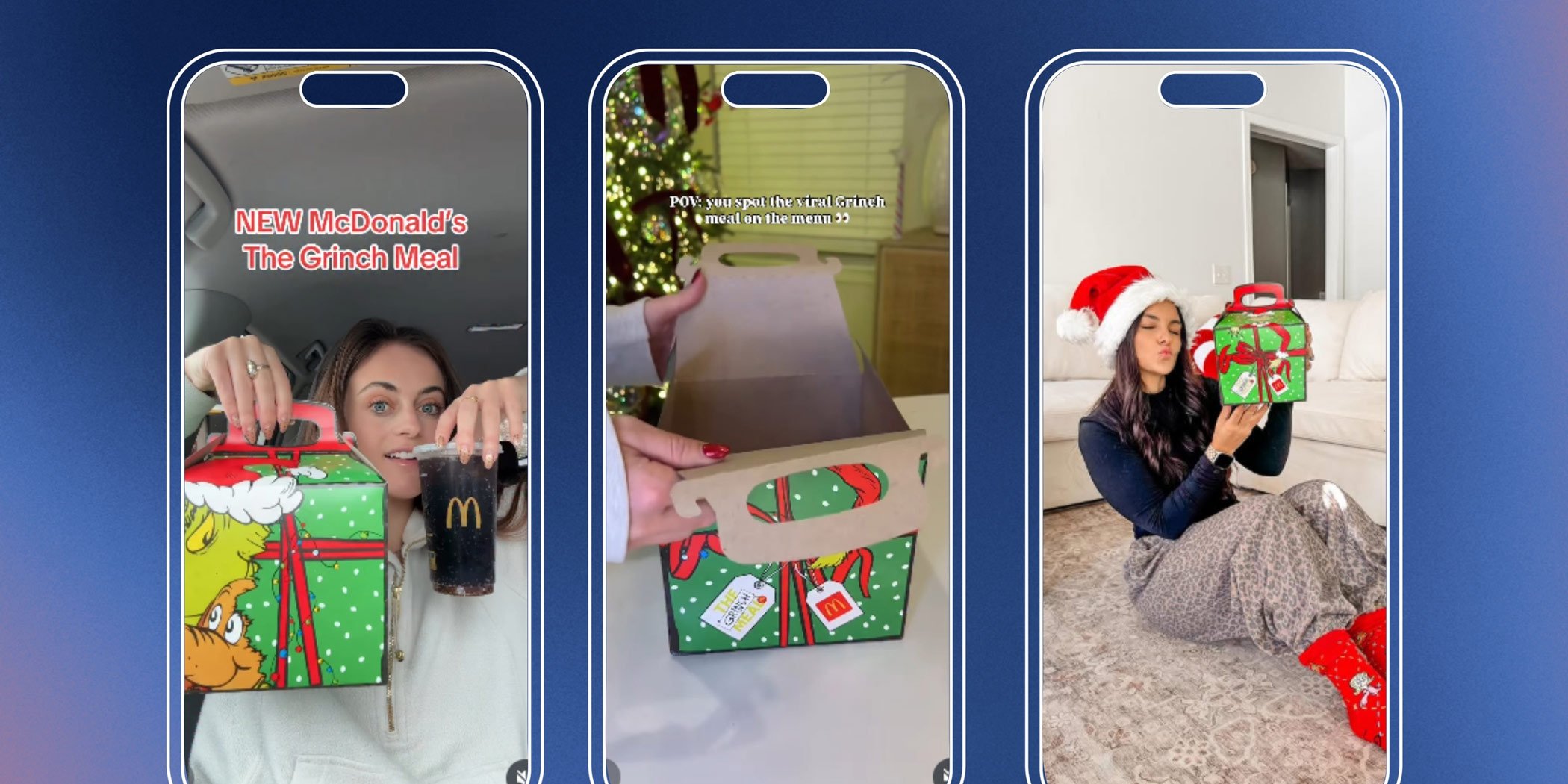 Three examples of social media influencers opening and eating  The Grinch Meal from McDonald's displayed on mobile devices