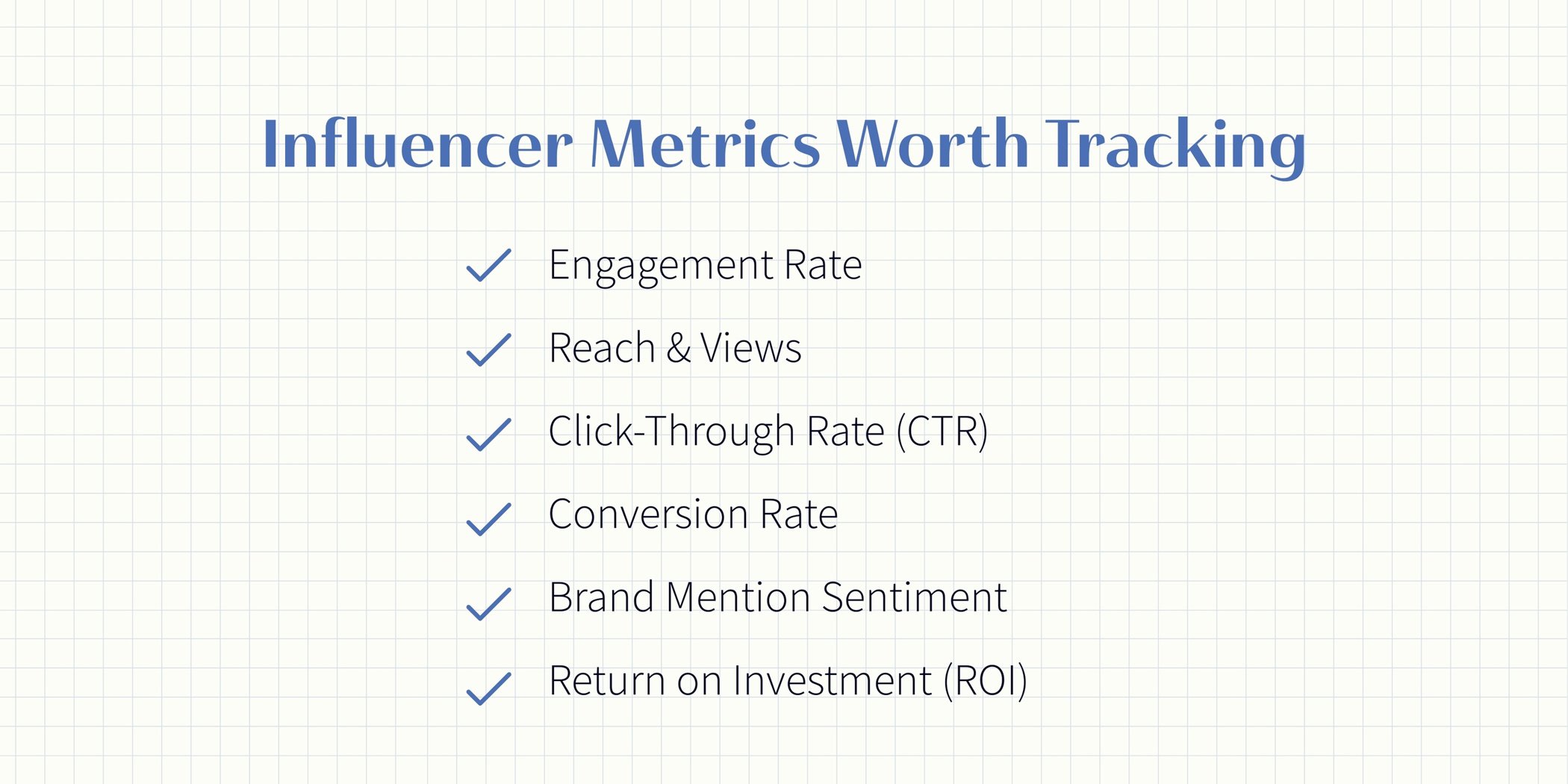 Key influencer marketing metrics including engagement rate, reach, click-through rate, and ROI