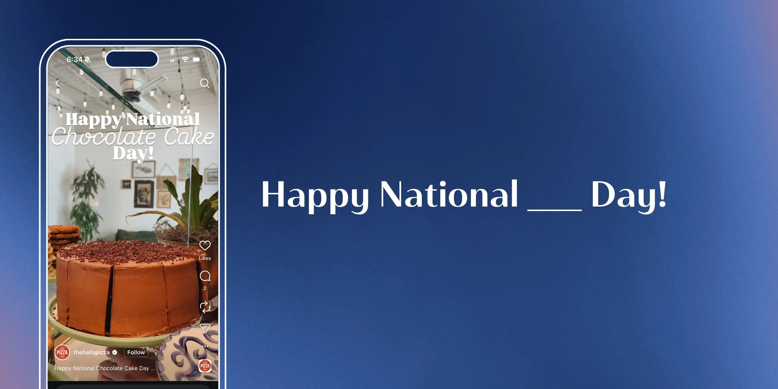 Social media Instagram Reel showing National Chocolate Cake Day post idea for brands.