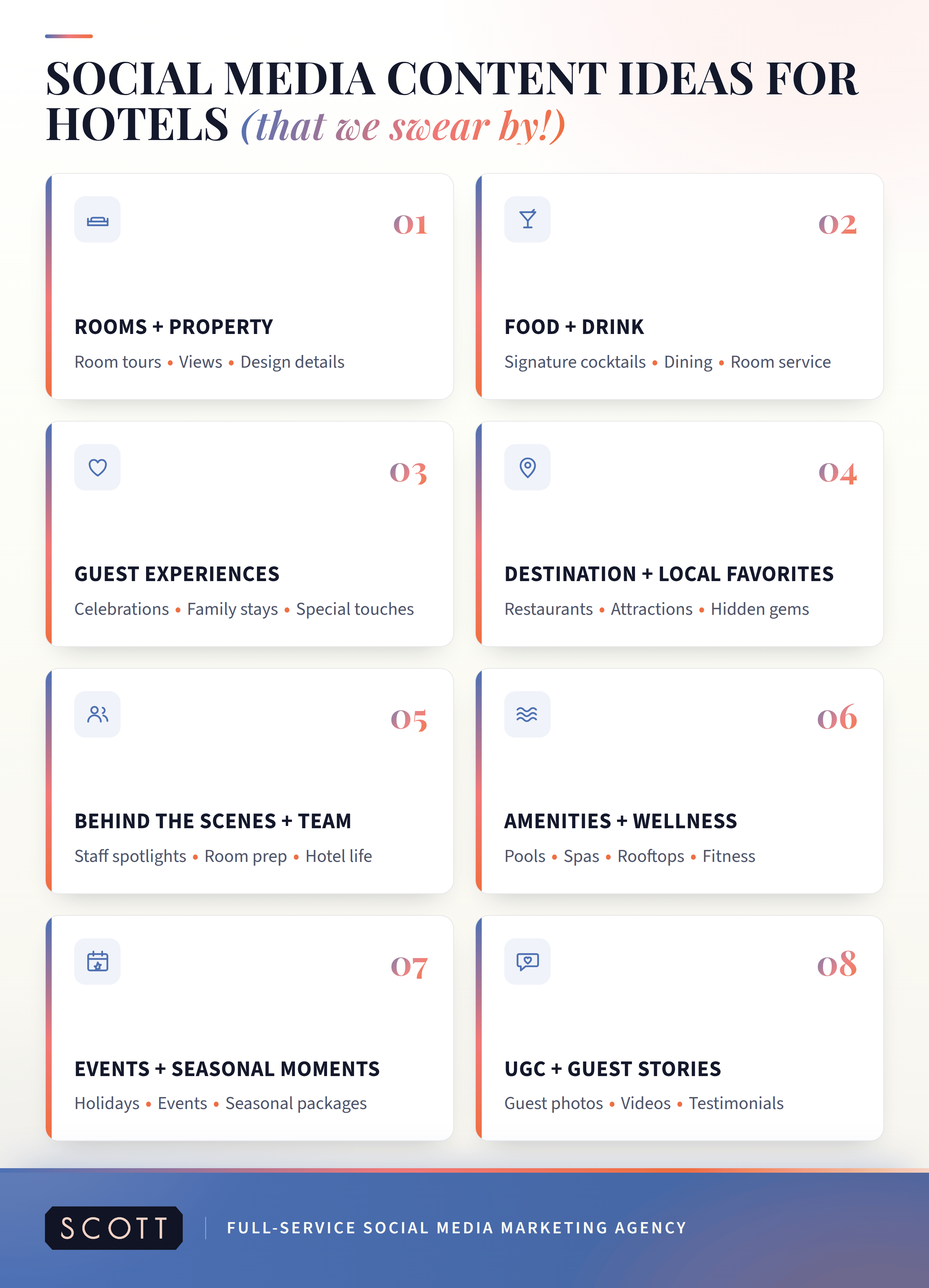 Hotel social media content ideas showing eight content pillars: rooms, food and drink, guest experiences, local attractions, behind the scenes, amenities, seasonal events, and user-generated content.