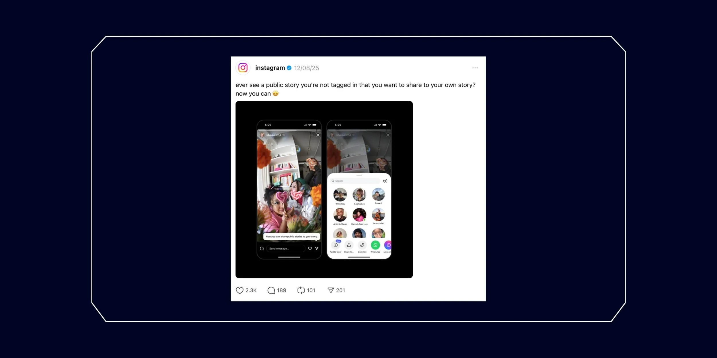 Reshare Instagram Stories: Instagram post explaining that you can now share a public story to your own story even if you’re not tagged in it