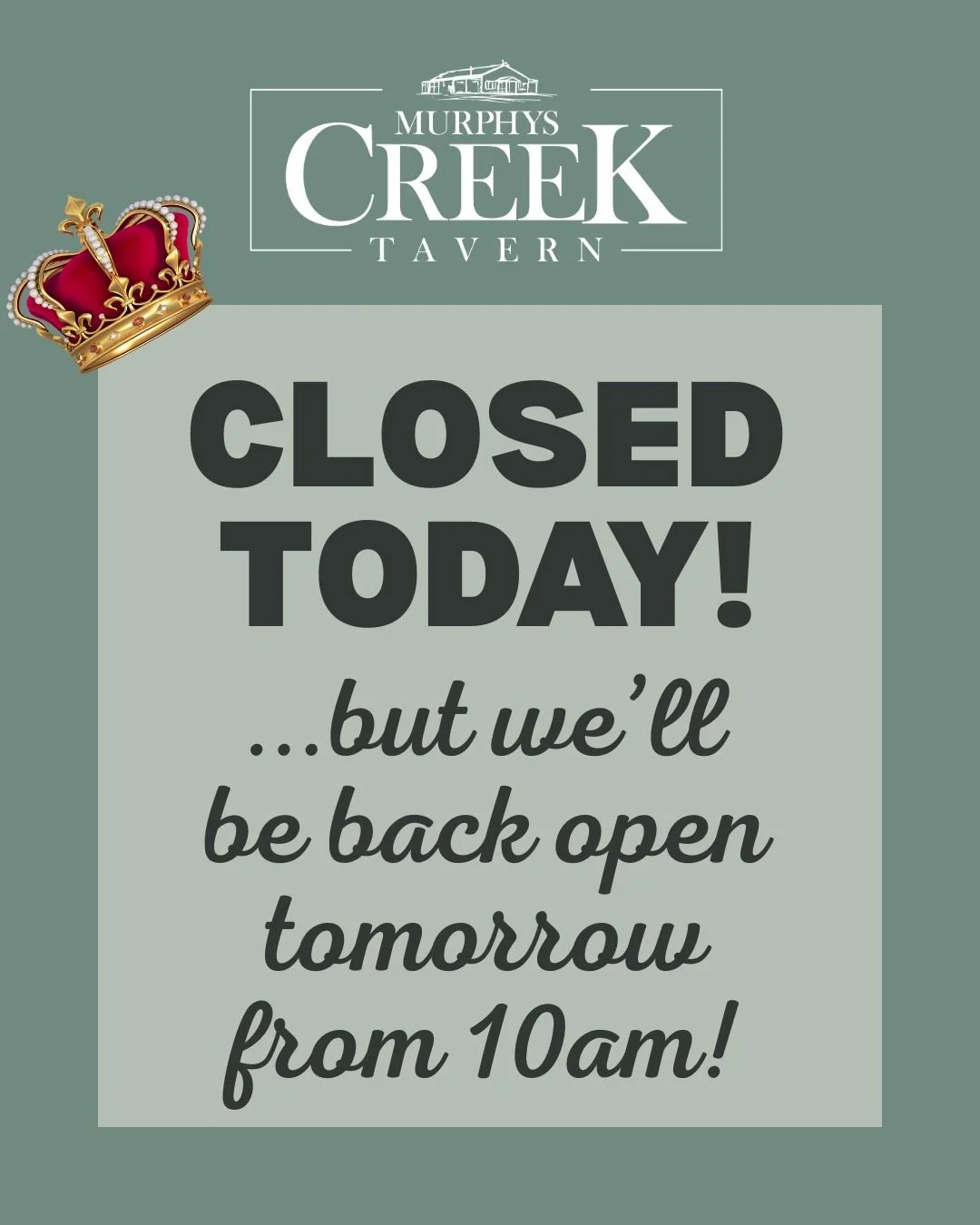 We&rsquo;re taking a little break today and the Tavern will be closed for the King&rsquo;s Birthday Public Holiday &mdash; but don&rsquo;t worry, we&rsquo;ll be back open tomorrow from 10am!

After a big night of celebrating that Broncos win, we reck