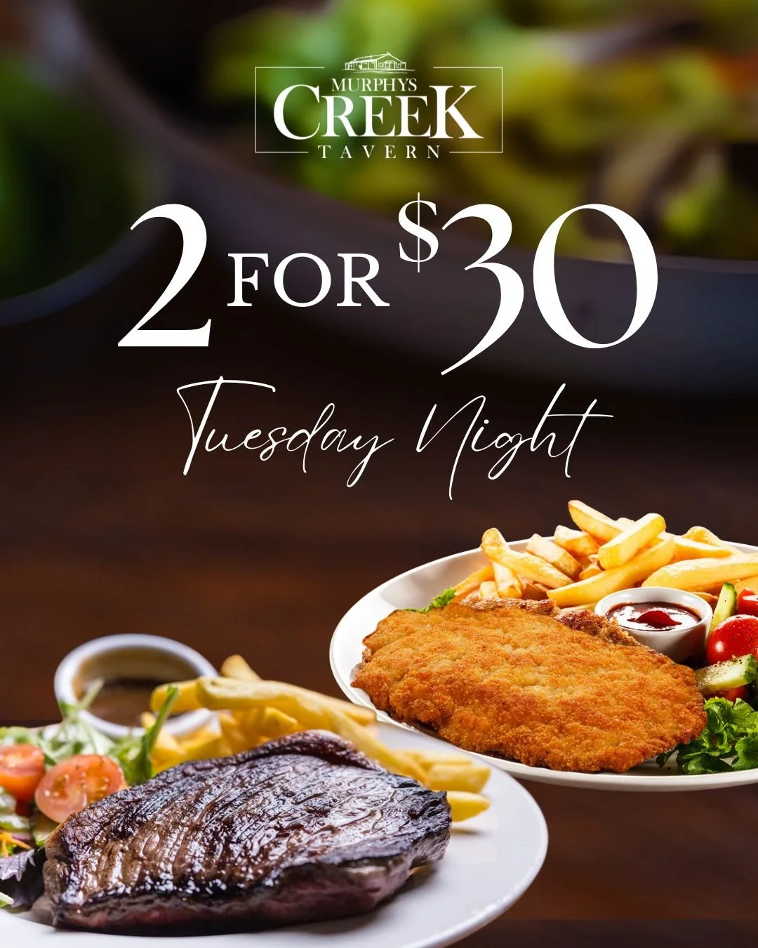 Looking for a good excuse to take the other half out for dinner tomorrow night?

Tuesday nights are sorted at The Creek! Two main meals for $30. No fuss. Just good food, great value, and a reason to catch up with someone you like.

Dine-in from 5:30 