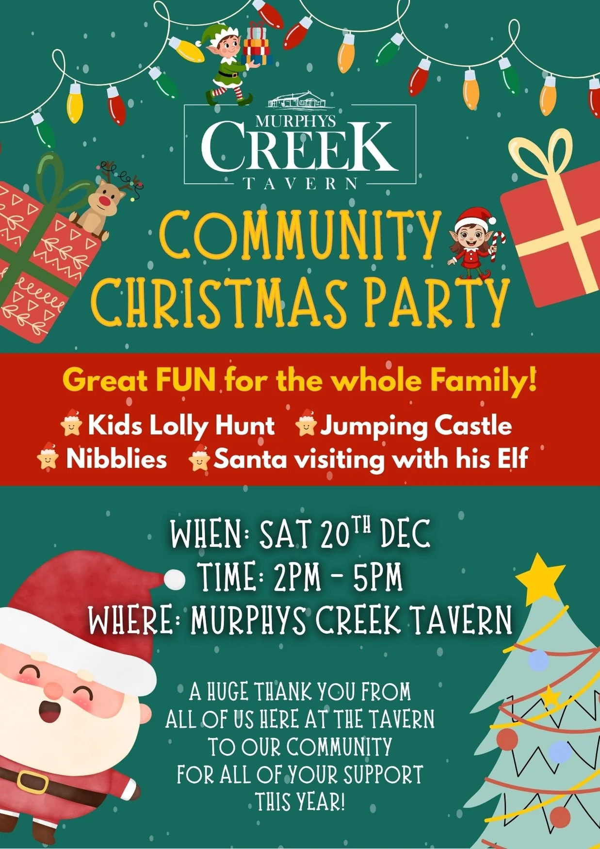 🎄✨ You&rsquo;re invited to our Community Christmas Party! ✨🎄

To say thank you for all the incredible support you&rsquo;ve shown us throughout the year, we&rsquo;d love to invite our local community to celebrate Christmas with us at the Tavern.

📅