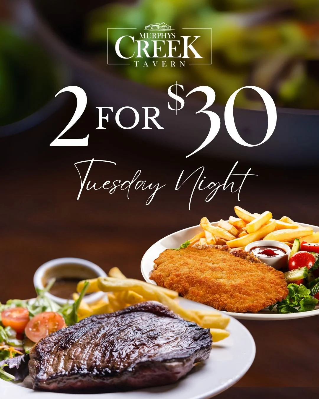 There's nothing better than enjoying delicious food at a great price!

Our popular 2 meals for $30 Tuesday night special is the perfect excuse to head down to the Creek and let us take care of dinner.

Choose from a range of crowd favourites like:
20