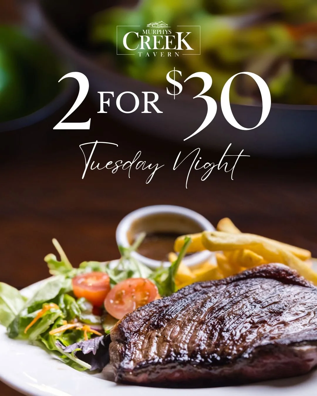 How does two delicious, value-for-money, hunger-filling meals for only $30 sound to you?

Like... two serves of a 200g Rib-Fillet, with chips and vegetables for $30... or
two, chicken schnitzels with chips and salad... or what the heck, have one of e