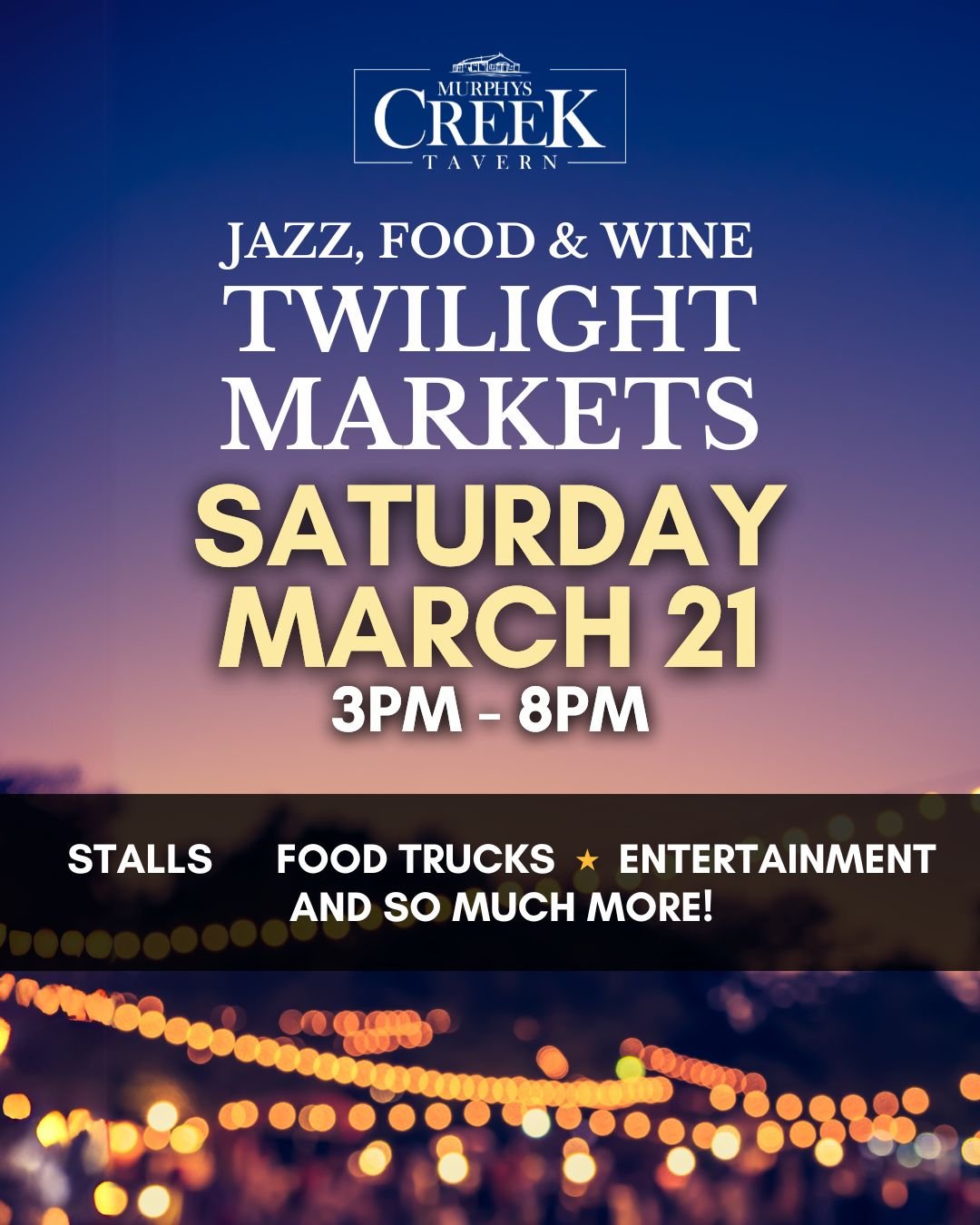 Can you believe our Twilight Markets will be here in just 3 weekends?!
Are you as excited as we are? 🎶🍷

Live jazz, amazing stalls, great food, cold drinks and all the Creek vibes you love. Start making plans and tag all your friends and spread the