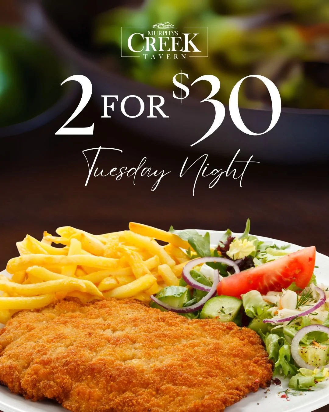 Good food. Good company. Two meals for $30.
We're here to help everyone enjoy a night out at a great price!

Choose from favourites like:
200g Rump Fillet, Burrito Bowl, Salt &amp; Pepper Calamari or a Chicken Schnitzel.

Available dine-in from 5:30p