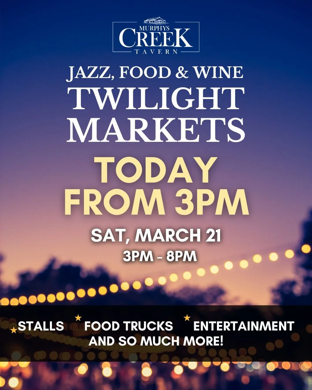 TODAY&rsquo;S THE DAY! 🎶🎷🎪

The Jazz, Food &amp; Wine Twilight Markets are on at The Creek from 3pm to 8pm... and it all kicks off this afternoon!

Stroll through the markets, explore some amazing local stalls, grab something delicious from the fo