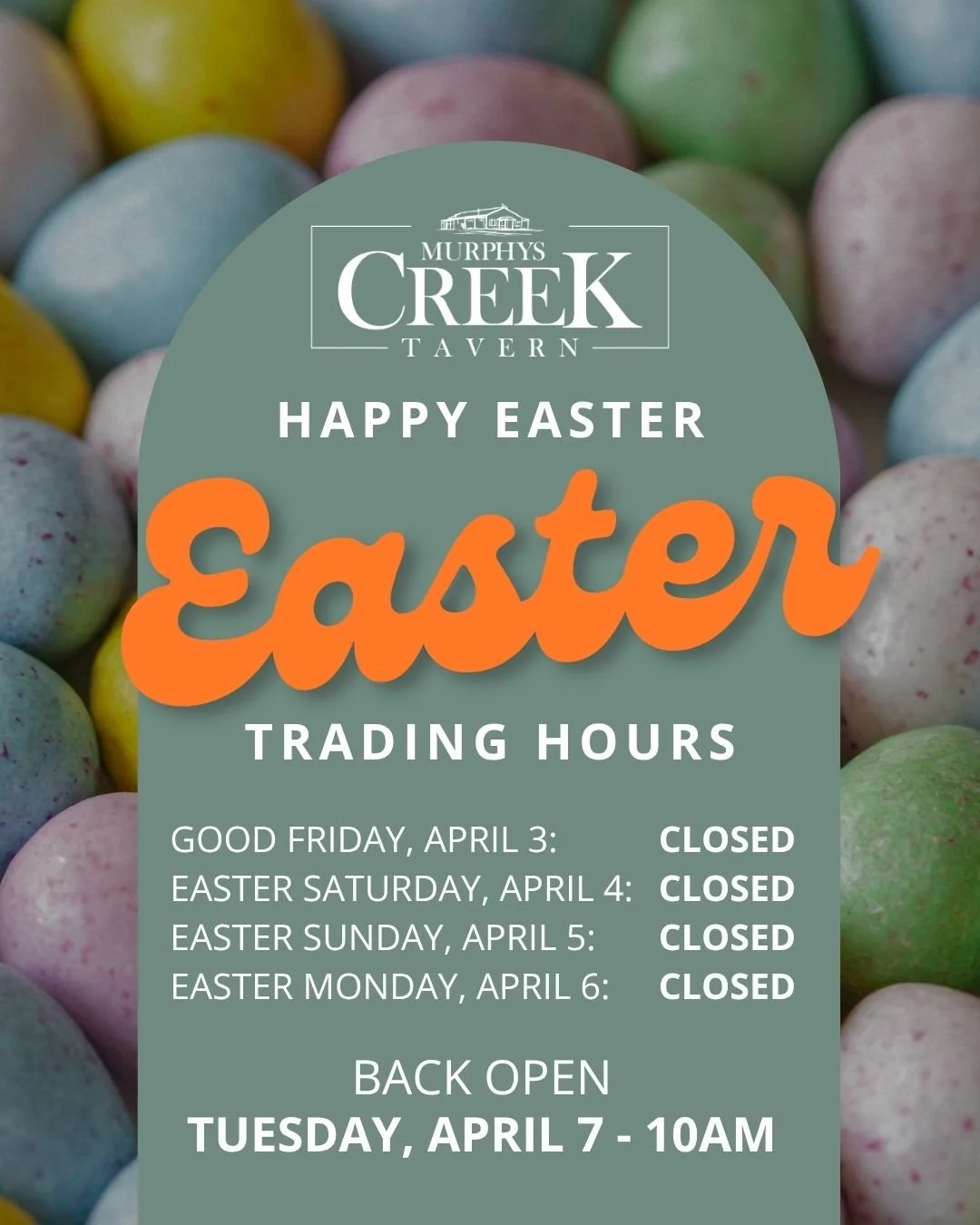 Easter Trading Hours Update from The Creek 🐣

After a big few months, we will be taking a short break over the Easter weekend to enjoy some well-earned time with family and recharge for the exciting months ahead.

The Tavern will be closing at 10pm 