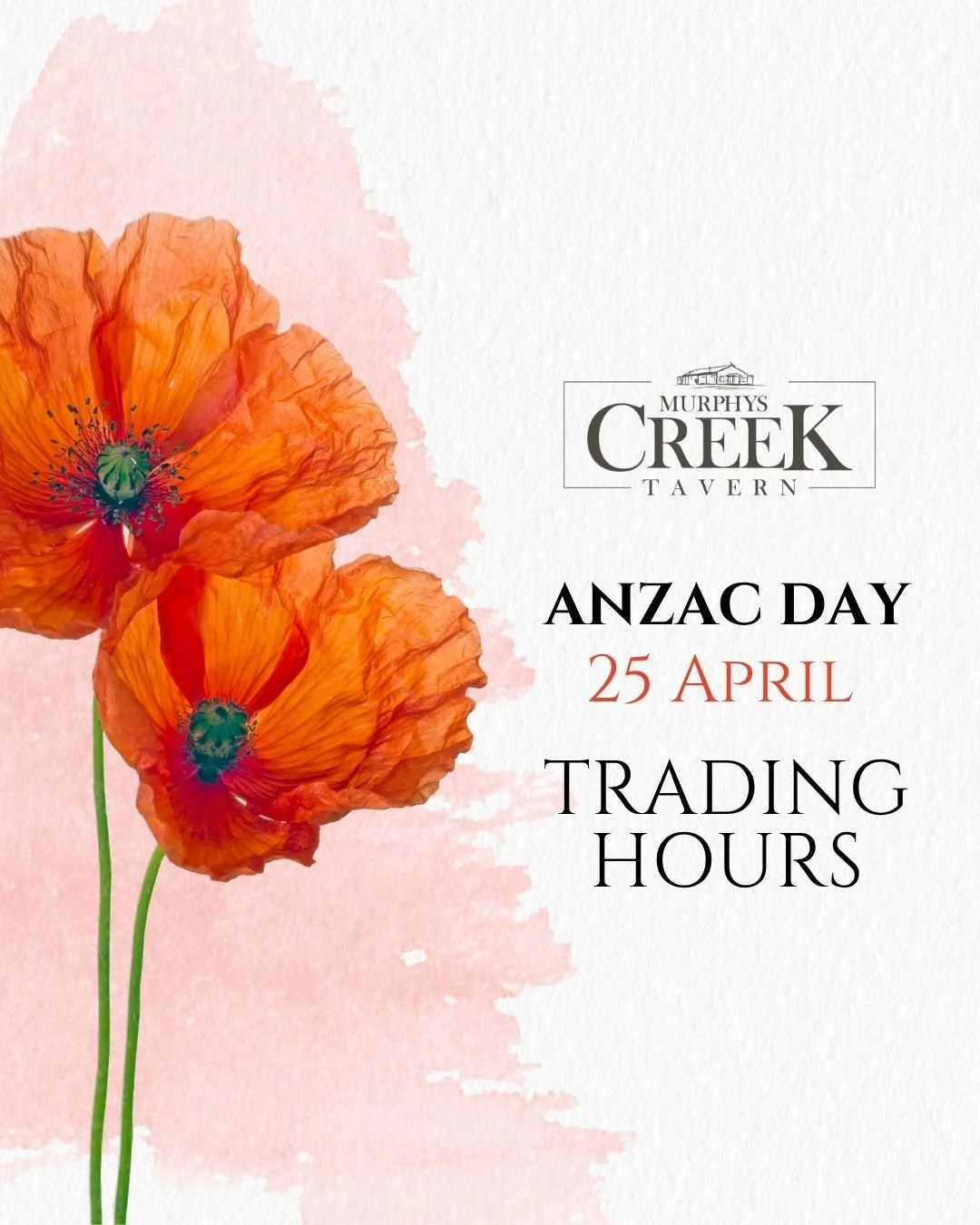 Just a quick note to let you know our trading hours for ANZAC Day this Saturday, April 25.

The Tavern will open at 1pm serving LUNCH from 1pm to 2.30pm. 

Stay on for the afternoon with a traditional game of TWO-UP, thanks to the RSL from 2pm to 4pm