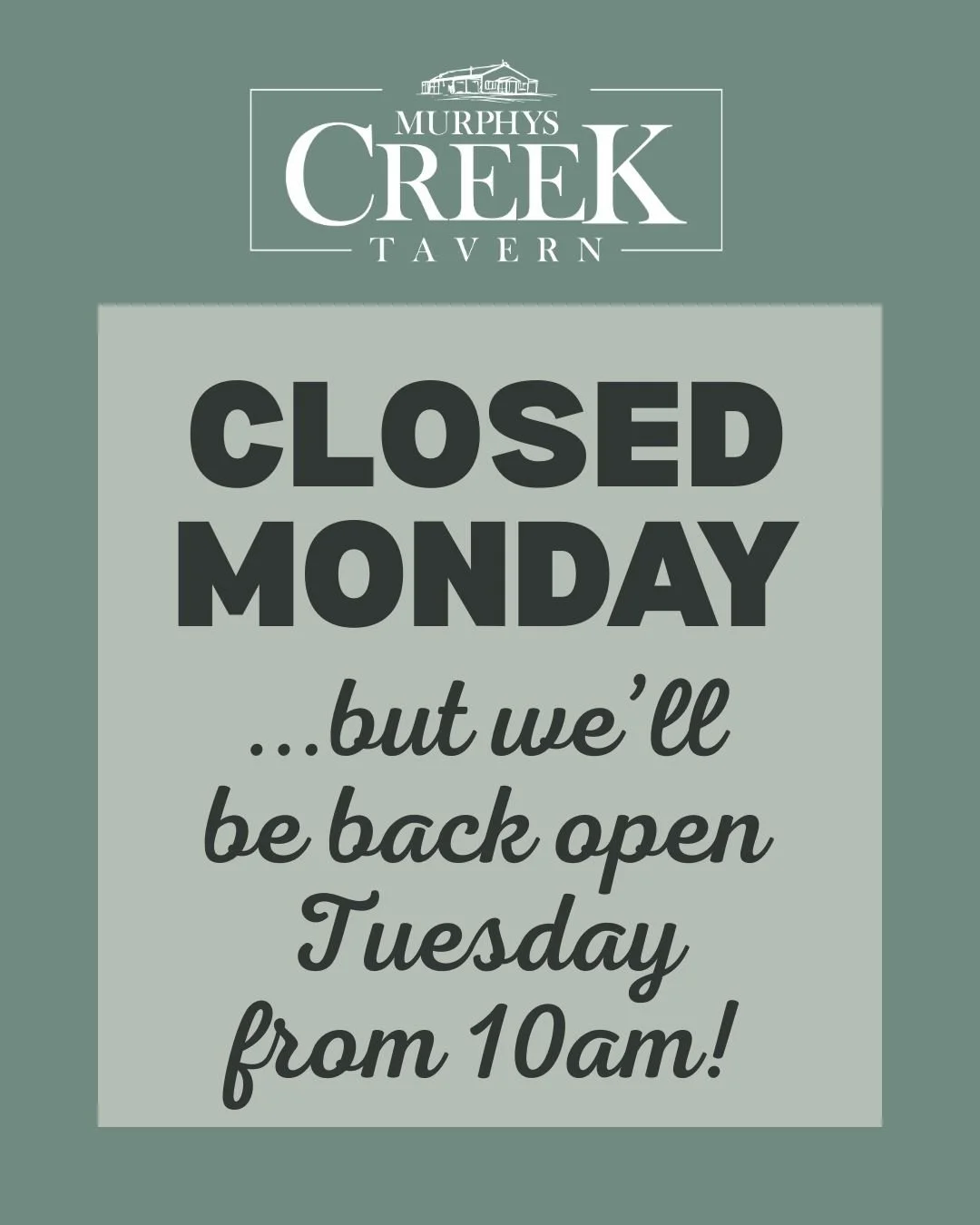 Just a quick heads up that Murphys Creek Tavern will be closed tomorrow.

We&rsquo;ll be back open from 10am Tuesday morning, and look forward to welcoming you in again.

In the meantime, enjoy the long weekend and we&rsquo;ll see you soon at The Cre