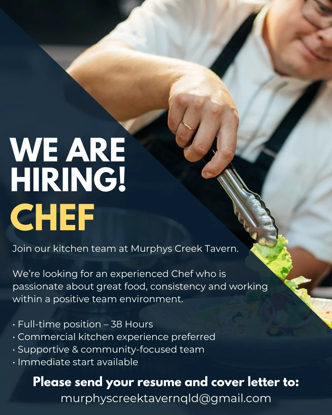 Murphys Creek Tavern is searching for an experienced and passionate Chef to join our kitchen team.

This is a full-time position (38 hours per week) and a fantastic opportunity to become part of a supportive, community-focused Tavern that prides itse