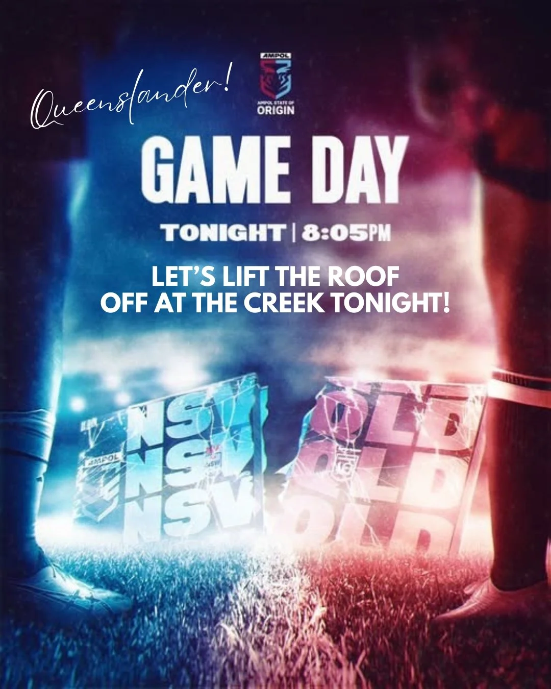 Here we go!!!

There's no better place than rallying up the gang and heading on down to the Creek tonight in your best Maroon QLD gear (Blue's supporters welcome as well -  we won't hold it against you, since you choose to live in the better State ) 