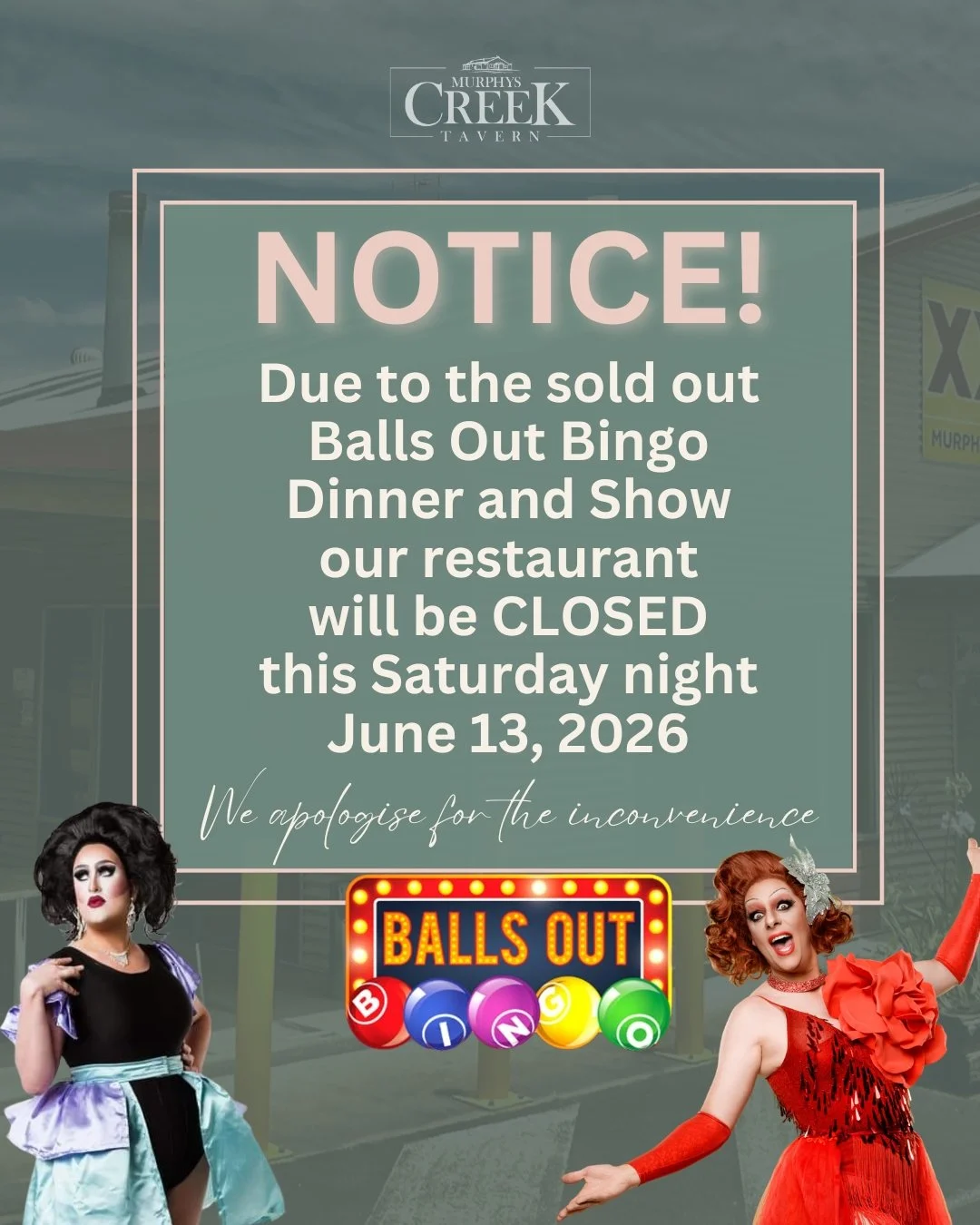 🎉 Important Update for this weekend at The Creek! 🎉

Hey Creek family! Just a quick heads-up...
- 𝐨𝐮𝐫 𝐫𝐞𝐬𝐭𝐚𝐮𝐫𝐚𝐧𝐭 𝐰𝐢𝐥𝐥 𝐛𝐞 𝐜𝐥𝐨𝐬𝐞𝐝 𝐟𝐨𝐫 𝐝𝐢𝐧𝐧𝐞𝐫 𝐭𝐡𝐢𝐬 𝐒𝐚𝐭𝐮𝐫𝐝𝐚𝐲 𝐧𝐢𝐠𝐡𝐭, 𝐉𝐔𝐍𝐄 𝟏𝟑, for the SOLD OUT Balls