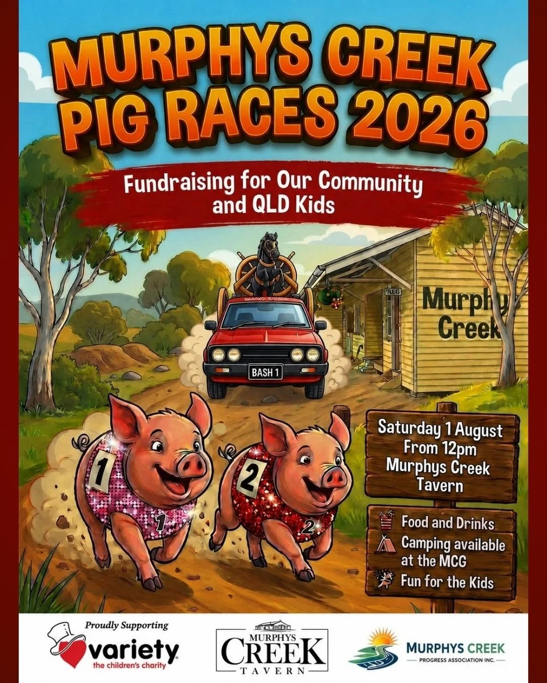 TODAY'S THE DAY!

The pigs are ready. The track is ready. Now we just need you!

Pack the family into the car and head out to Murphys Creek Tavern for the Murphys Creek Pig Races, kicking off from 12 noon today.

It's set to be a brilliant afternoon 