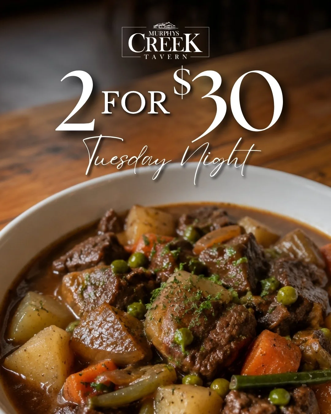Spring has arrived... but the warm weather clearly missed the memo!

Luckily, we&rsquo;ve got tonight covered with not one, but two proper pub meals for just $30 total.

Choose from:

🔹 Hearty Beef Stew
🔹 200g Rump Steak
🔹 Roast of the Day
🔹 Gril