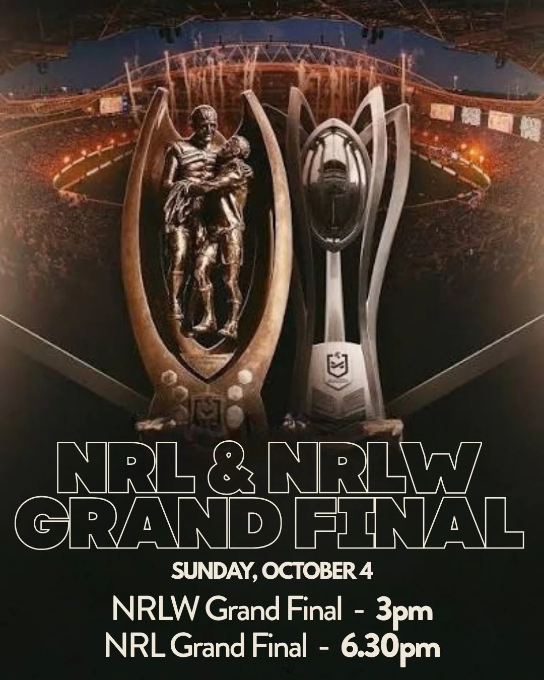 If it's safe, able to travel and feel like spending Sunday afternoon among familiar faces... we're ready to watch two big grand finals on our Big screens tomorrow from 3pm.

Get the crew together and settle in for an action-packed afternoon of footy 