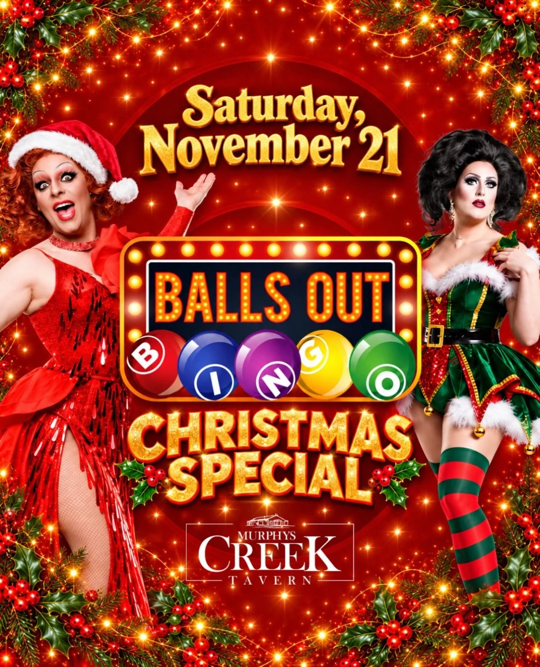 Get your Jingle Bells out&hellip;. it&rsquo;s Bingo time!🎄

Balls Out Bingo is bringing its Christmas Special to the Creek on Saturday, November 21, with the fabulous Candy Surprise! hosting a night of outrageous laughs, bingo and cheeky Christmas f