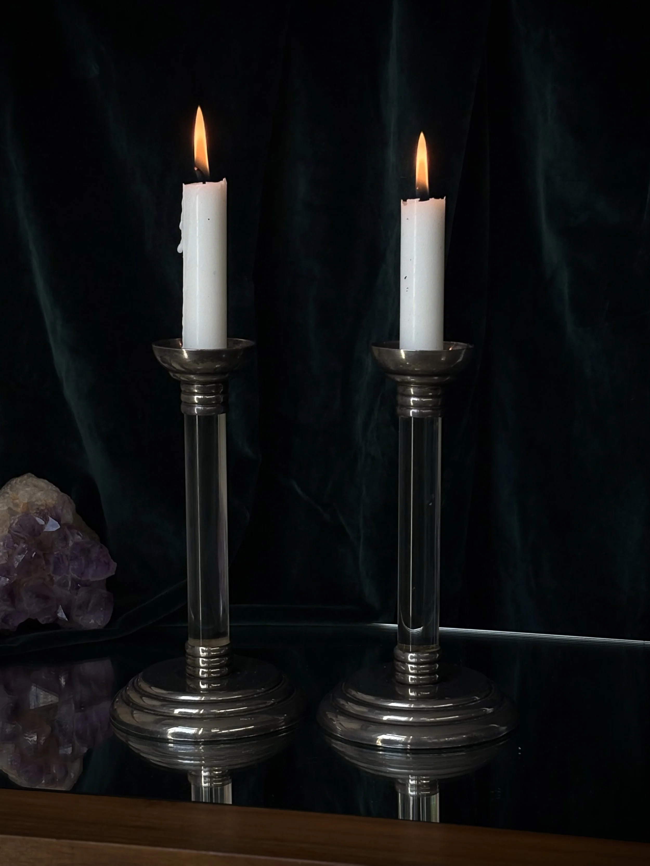 Stay for Another — Pair of Clear-Stem Candlesticks