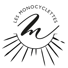 Logo noir et blanc avec un cercle, des rayons comme un soleil, la lettre 'm' stylisée au centre, et le texte 'Les Monocyclettes' en arc autour du haut.