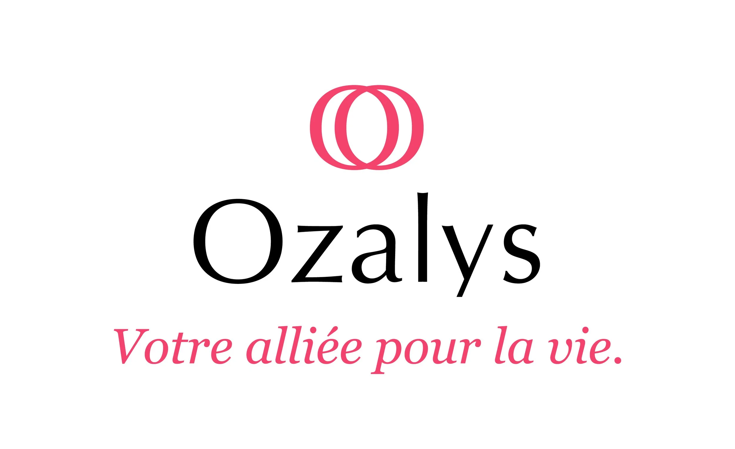 Logo de Ozaly avec un symbole rose en forme de lanternes japonaises et le texte noir 'Ozaly' avec un slogan en français rose 'Votre alliée pour la vie'.