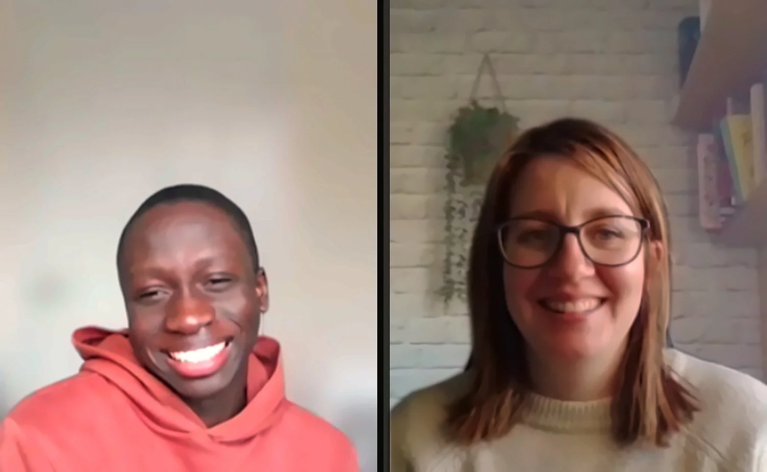 Laughter on a video-call microplacement with Melissa at AG Comms, both smiling.
