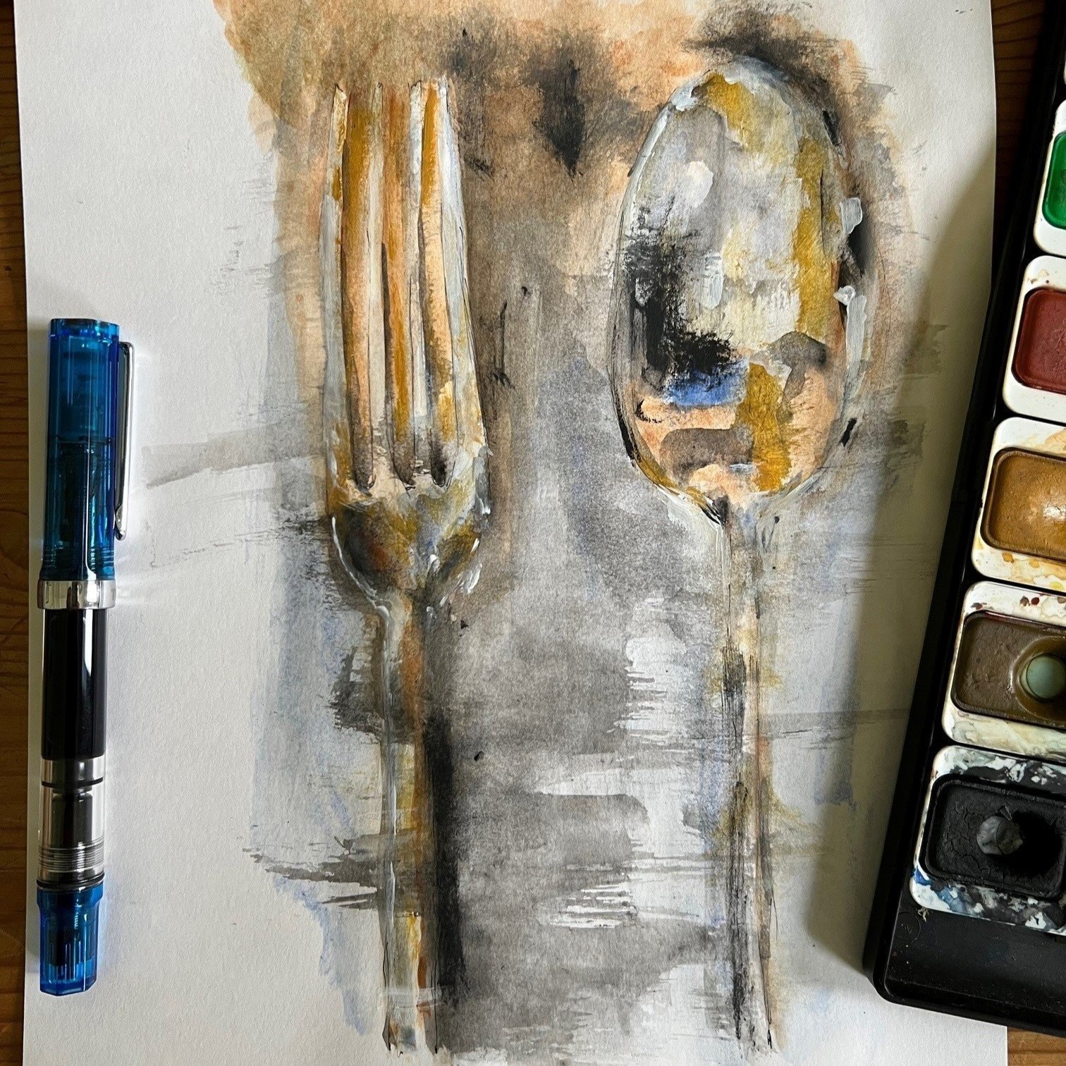 Fork and spoon. Pen, ink and acrylic on paper.
