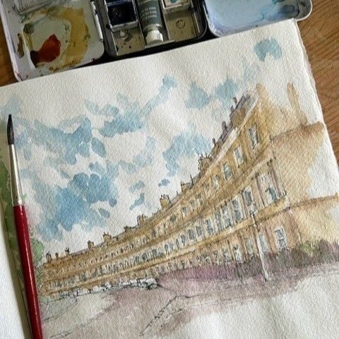 The Royal Crescent, Bath. Fountain pen and watercolour sketch.