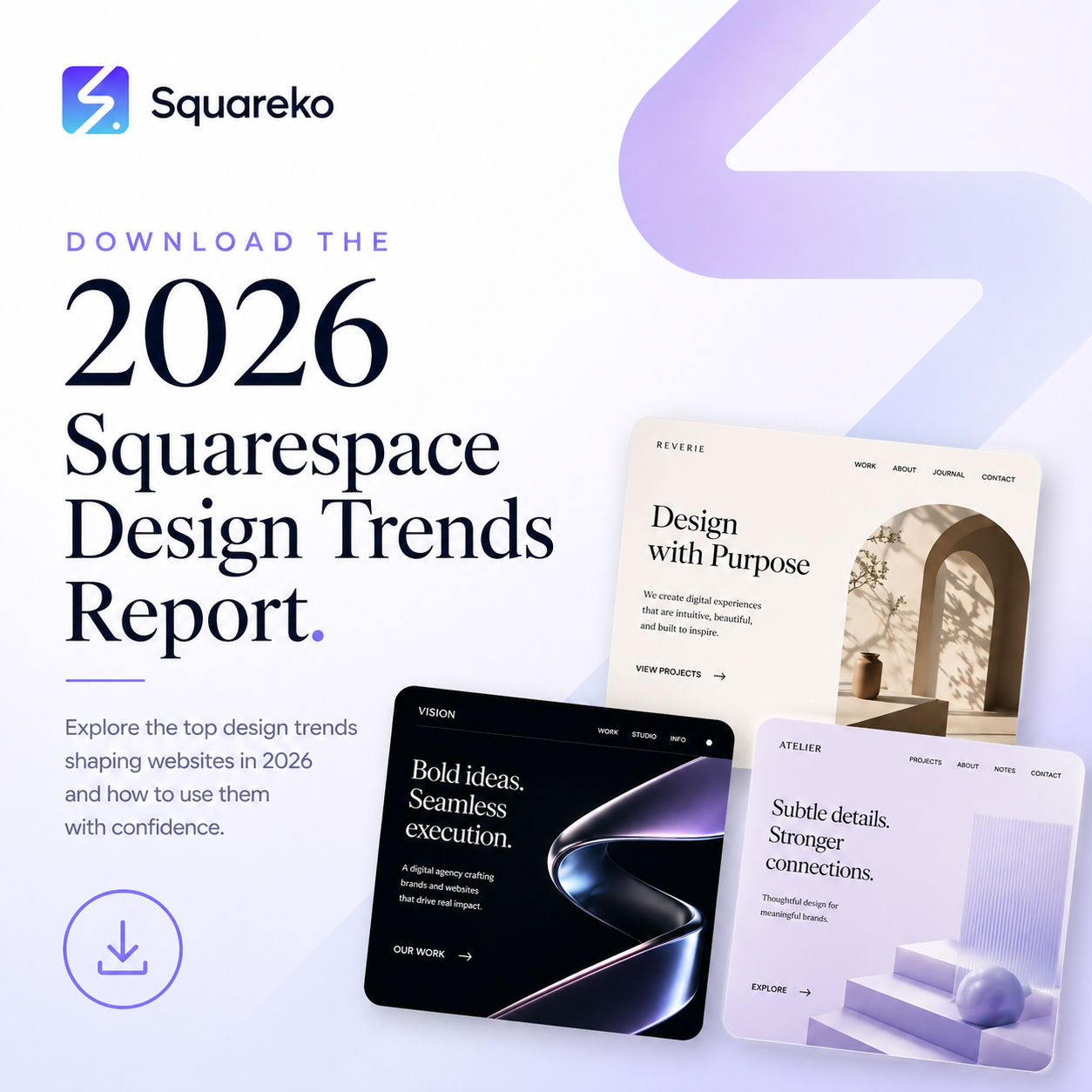 Advertisement for the 2026 Squarespace Design Trends Report featuring sample website designs with modern aesthetics and minimalistic style.