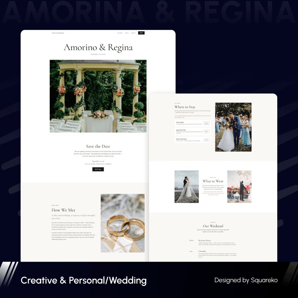 Wedding photography website featuring a couple embracing in a scenic landscape, accompanied by text and images of photographers and a photo album.